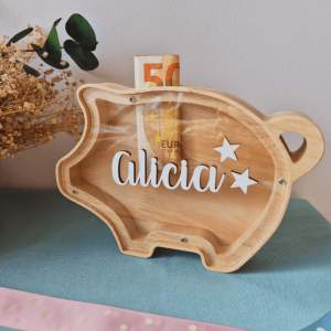 Hucha cerdito personalizada con Nombre en madera