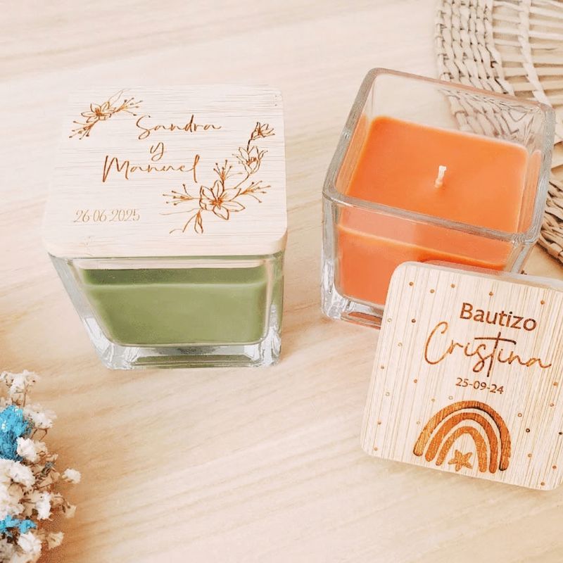 Velas de Madera Grabadas Cuadradas - Modelo Flores Boda - Imagen 6