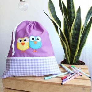Bolsa de Merienda Morada bordada - Colección Pájaros