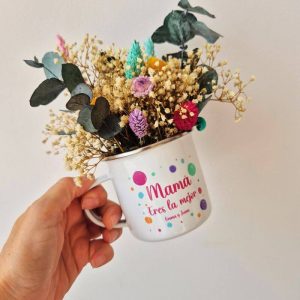Taza de Metal Vintage Personalizada con Flores Preservadas
